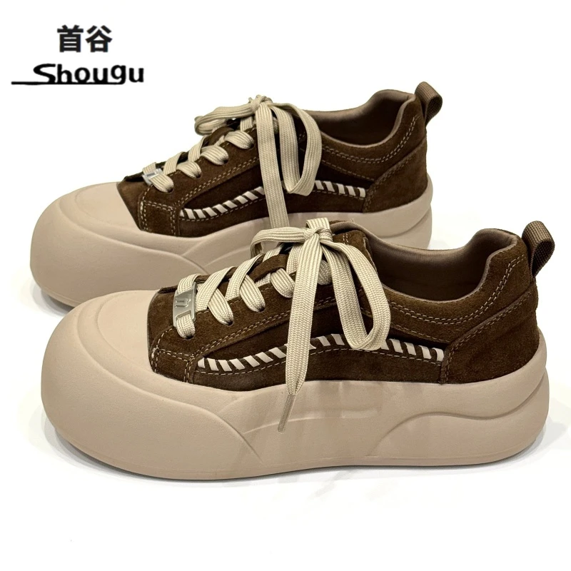 shougu/首谷爆款丑萌大头面包鞋女厚底秋冬2025新款复古百搭板鞋