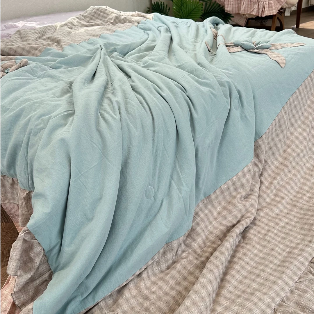 【超级红】甜心-蓝(花边款) 棉麻夏被拼片立体花朵