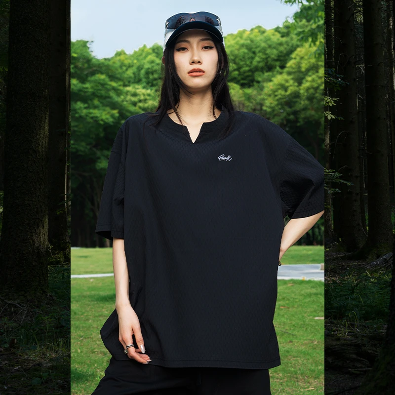 PANMAX/潘·麦克斯简约宽松大码男装休闲短袖泡泡纱V领百搭透气