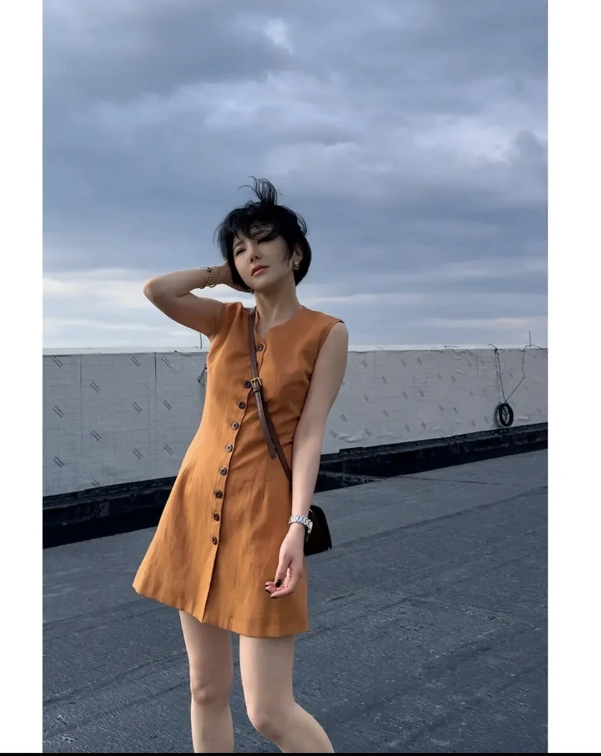 25款夏季天丝亚麻中裙套头无袖老钱风无袖裙酷飒风气质女装高级感