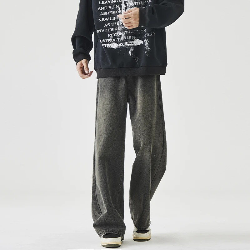 2025春季新款高腰牛仔裤男士简约修身百搭宽松遮肉美式高街直筒裤