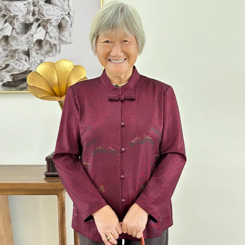 奶奶装秋装中老年人女衣服长袖中式印花衬衫妈妈装薄外套婚礼喜庆