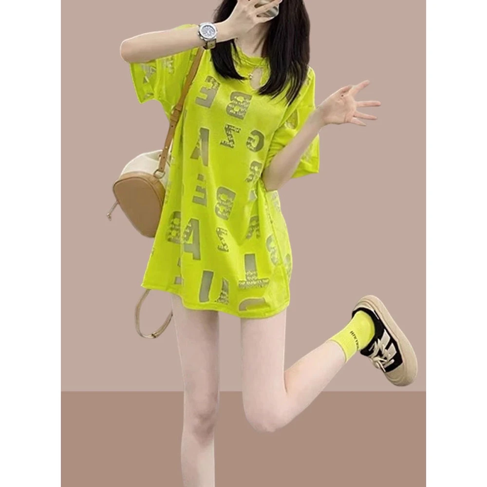 绿色小众短袖t恤女夏季宽松2025新款韩版设计感别致独特半袖上衣