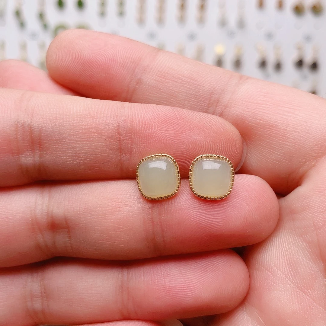 和田玉银S925镶嵌耳饰