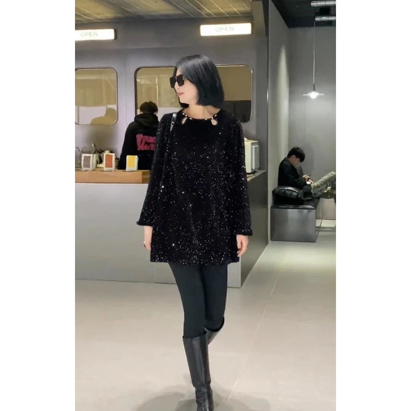 【巴瑟】黑色蕾丝闪砖长款宽松大码胖mm莫奈花园风穿搭连衣裙6061