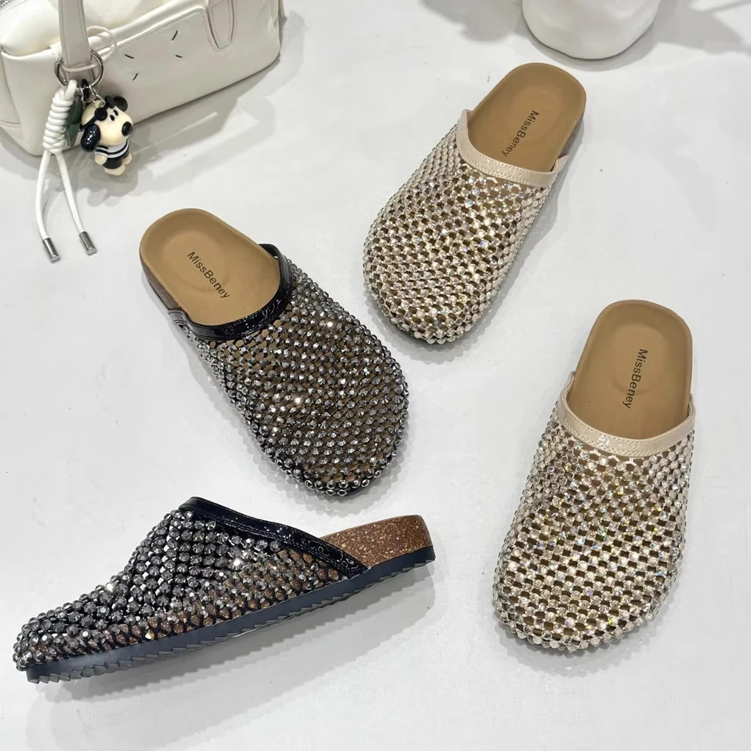 渔网拖鞋女2025年夏季新款欧美爆款水钻低跟平底凉鞋女镂空凉拖鞋