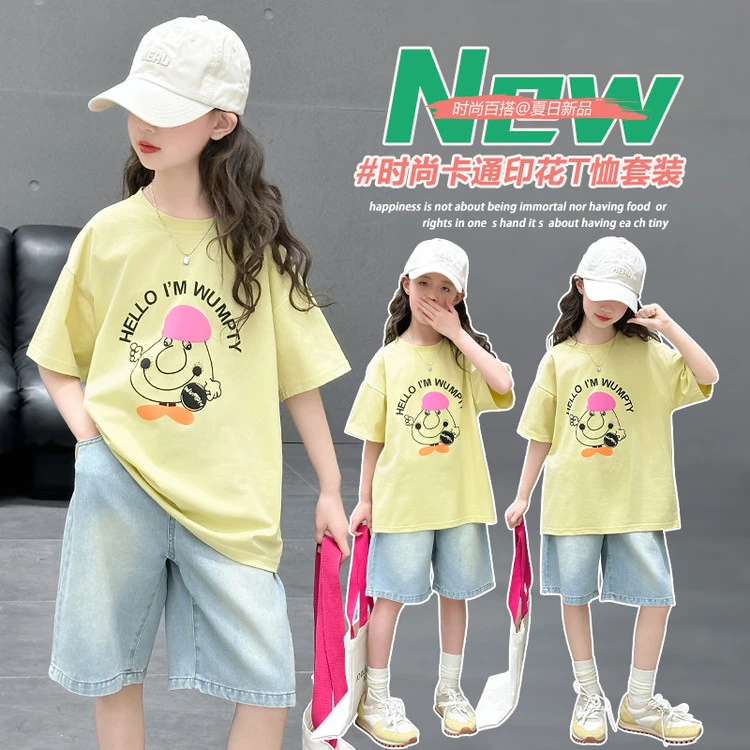 2025新款夏季女童套装休闲中大童女孩韩版卡通短袖牛仔中裤夏装潮