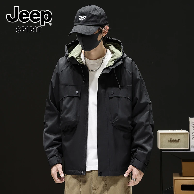 JEEPSPIRIT吉普美式连帽工装夹克男士春秋宽松潮牌运动风冲锋衣男