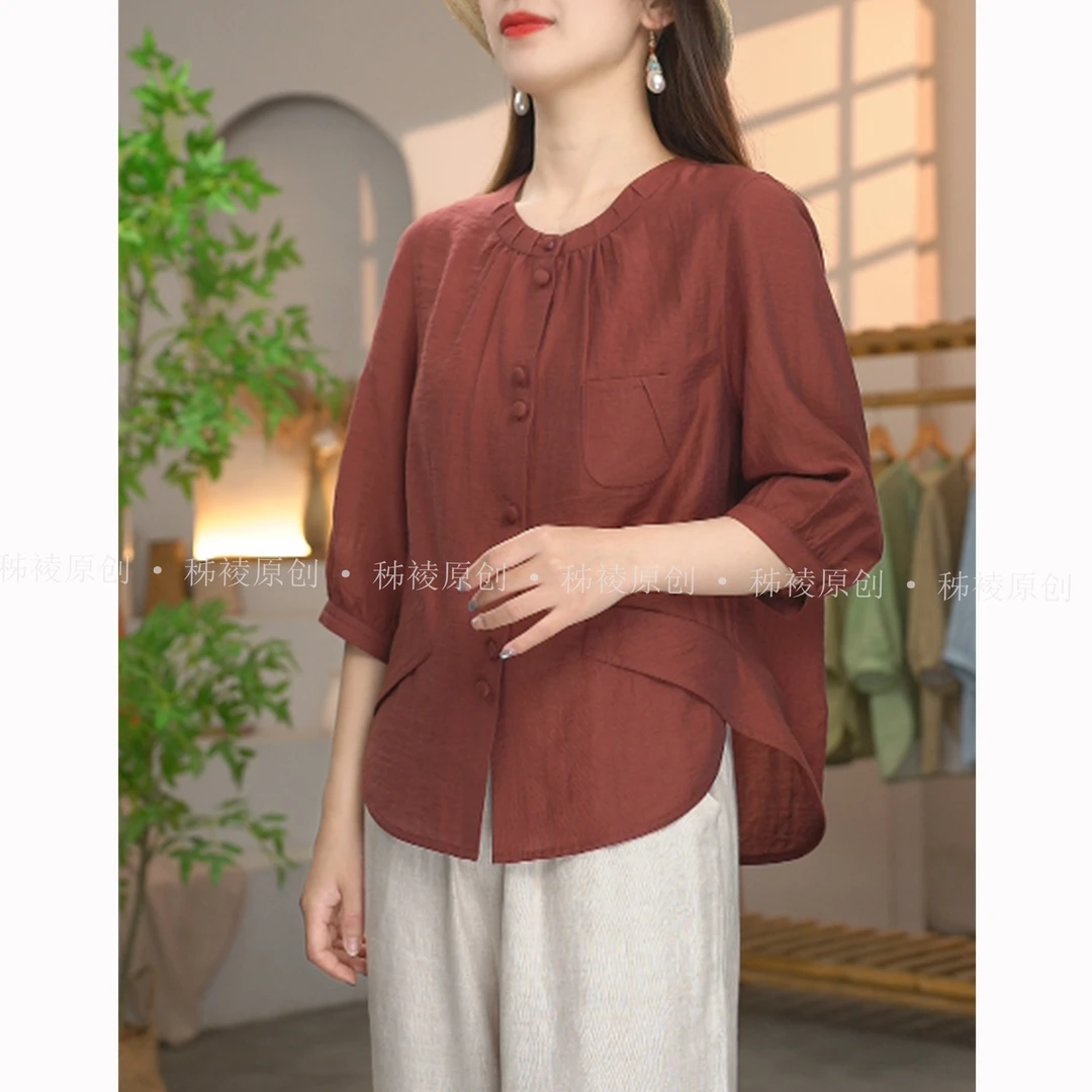【秭裬 · 涟夏】新款衬衫时尚短款宽松中袖显瘦文艺设计感小衫