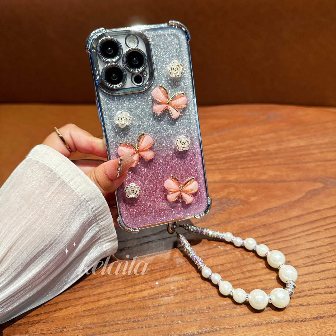 适用苹果华为VIVO荣耀OPPO小米防摔手机壳电镀软壳立体花朵蝴蝶