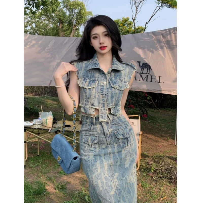 2025夏季新款复古牛仔马甲半身裙气质高级感两件套女9959