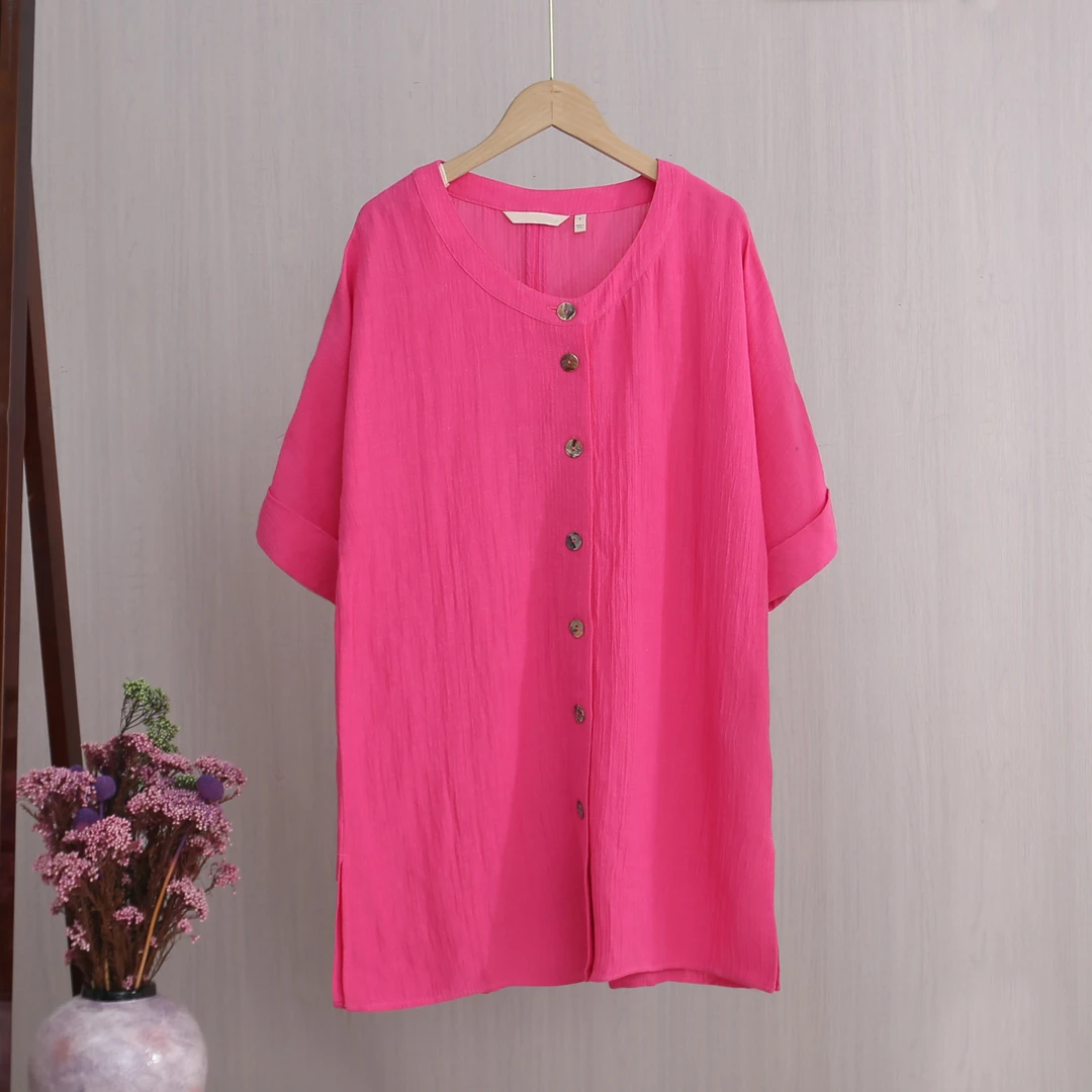 女士短袖衬衫圆领纯色上衣显瘦简约时尚百搭02081舒适透气