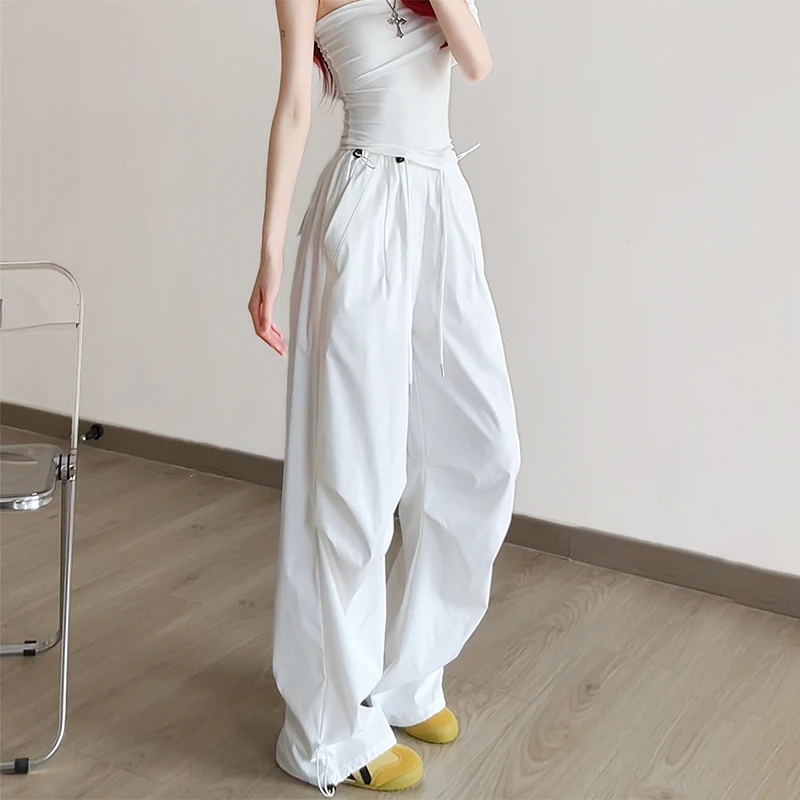 白色工装裤女款秋季2025新款美式街舞休闲直筒复古小个子降落伞裤