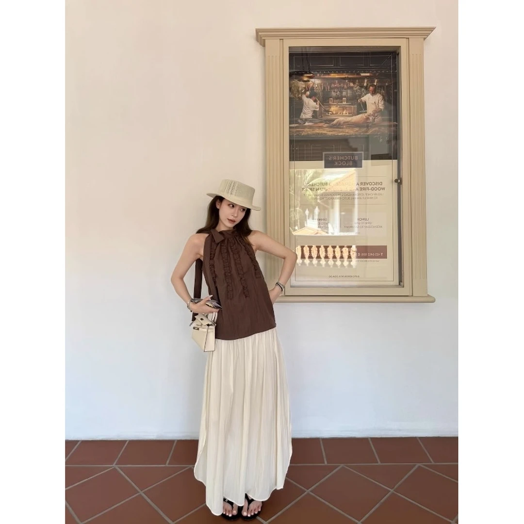 系带蝴蝶结木耳边法式无袖上衣女夏新款设计感气质显瘦百搭背心潮