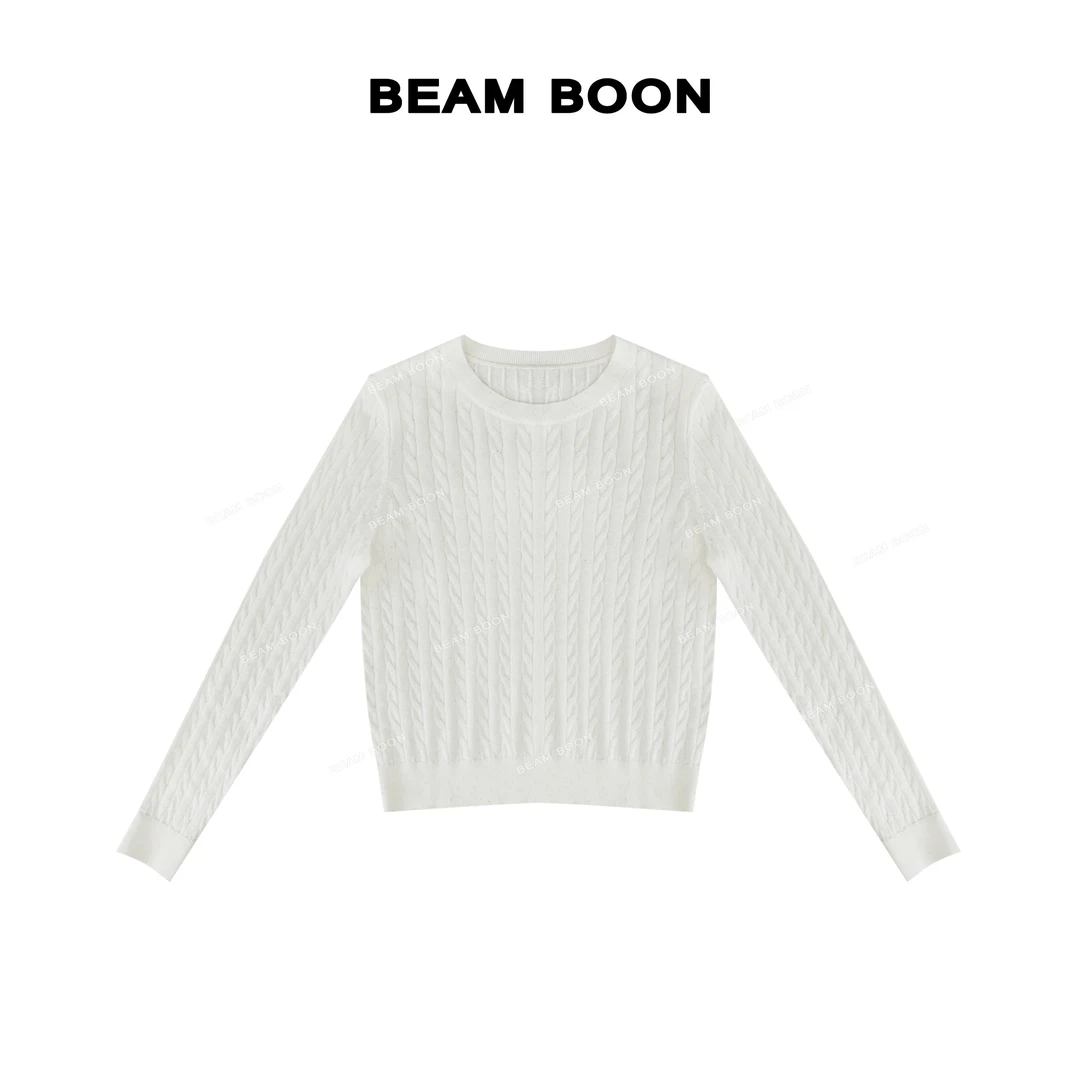 Beam Boon|【杏仁麻薯】C*m绞花可机洗羊毛混纺叠穿显瘦针织毛衣
