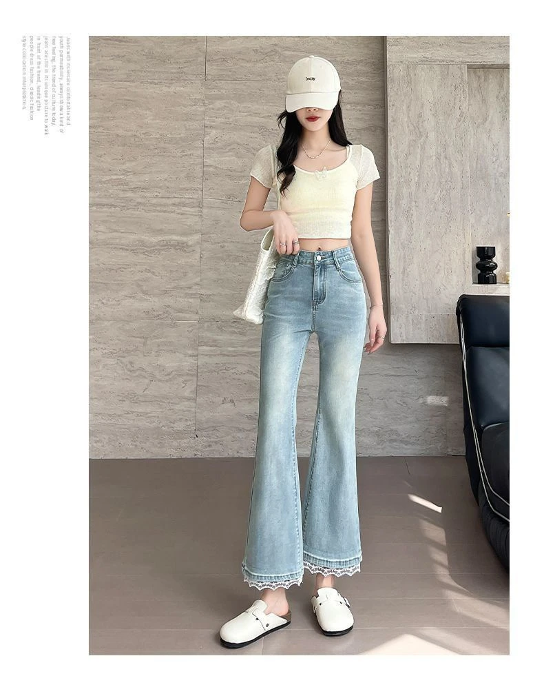 301蕾丝花边休闲风喇叭裤高腰显瘦夏季牛仔裤少女风②