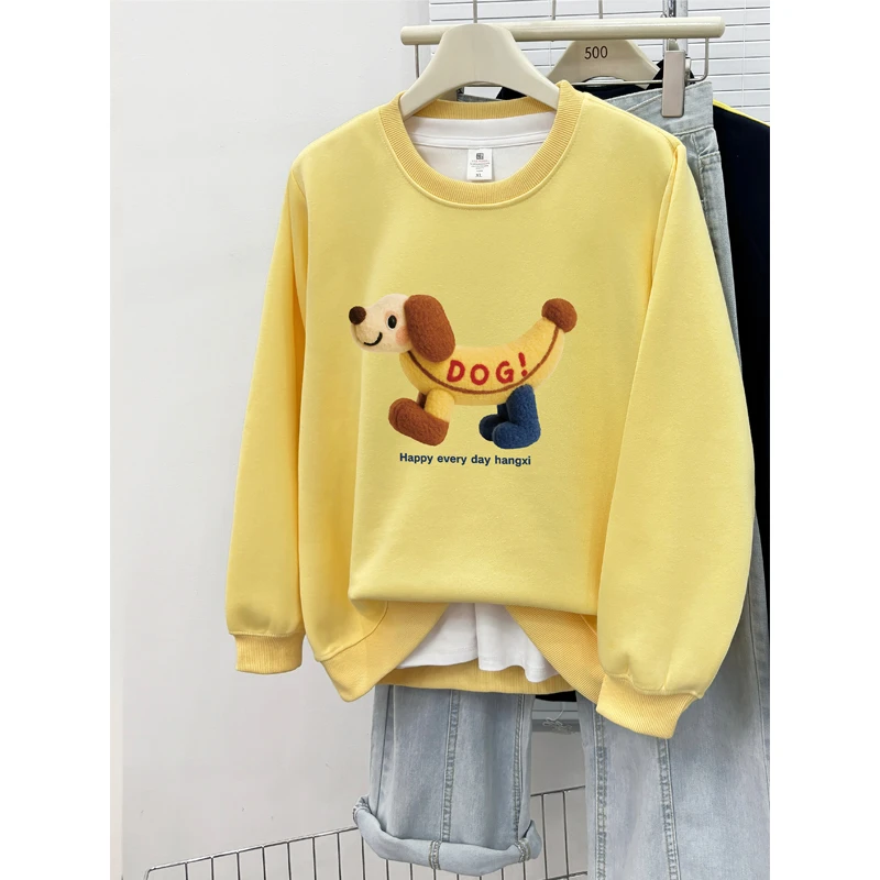 正肩圆领卫衣女2025秋冬季爆款时尚流行宽松大码套头加绒加厚上衣