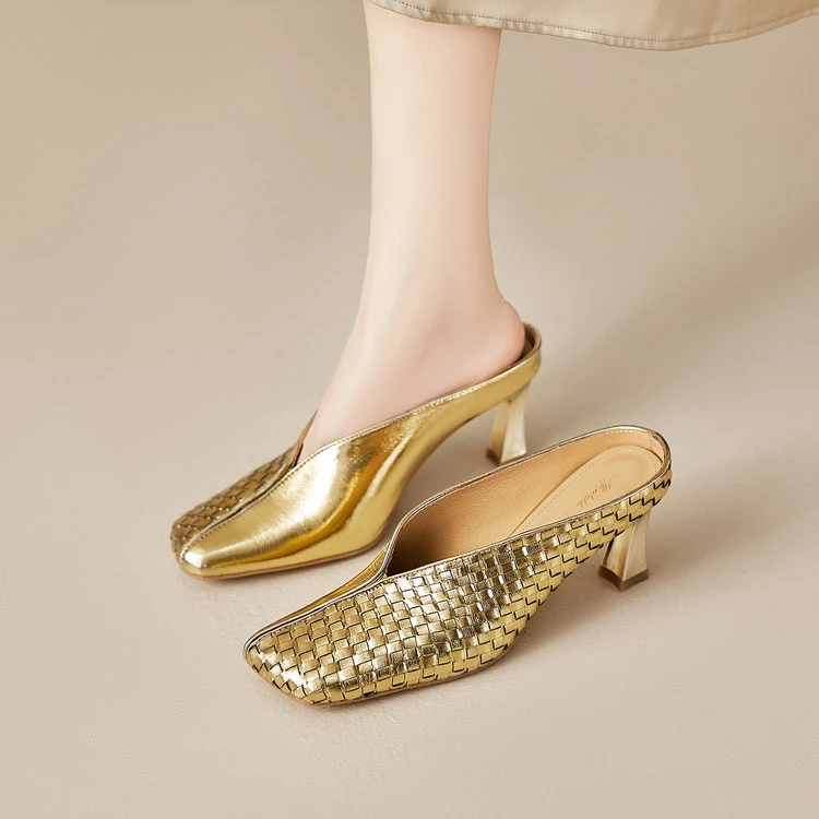 2025夏新款真皮包头半拖鞋女外穿编织凉拖鞋软皮百搭粗跟高跟凉鞋
