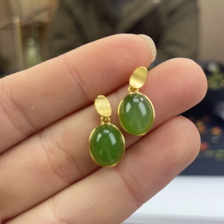 和田玉银S925镶嵌耳饰