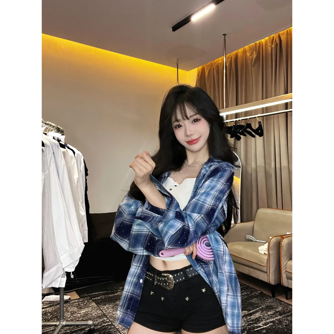 Yan~韩系夏季情侣长款宽松烫钻格子衬衫外套