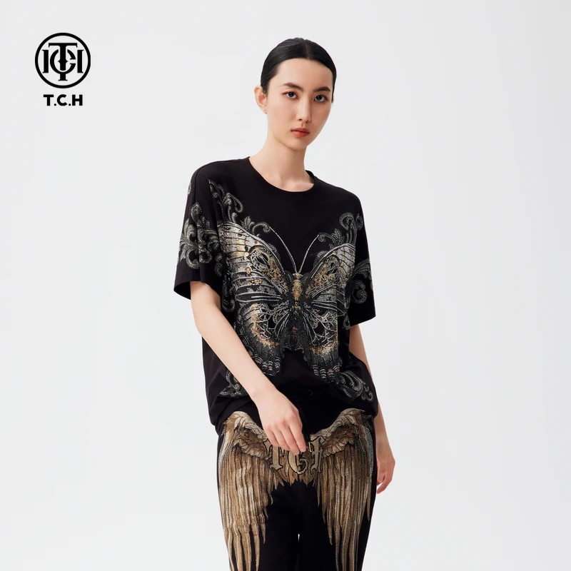 TCH轻奢烫钻工艺时尚休闲黑色圆领短袖T恤男女T72C106026tch
