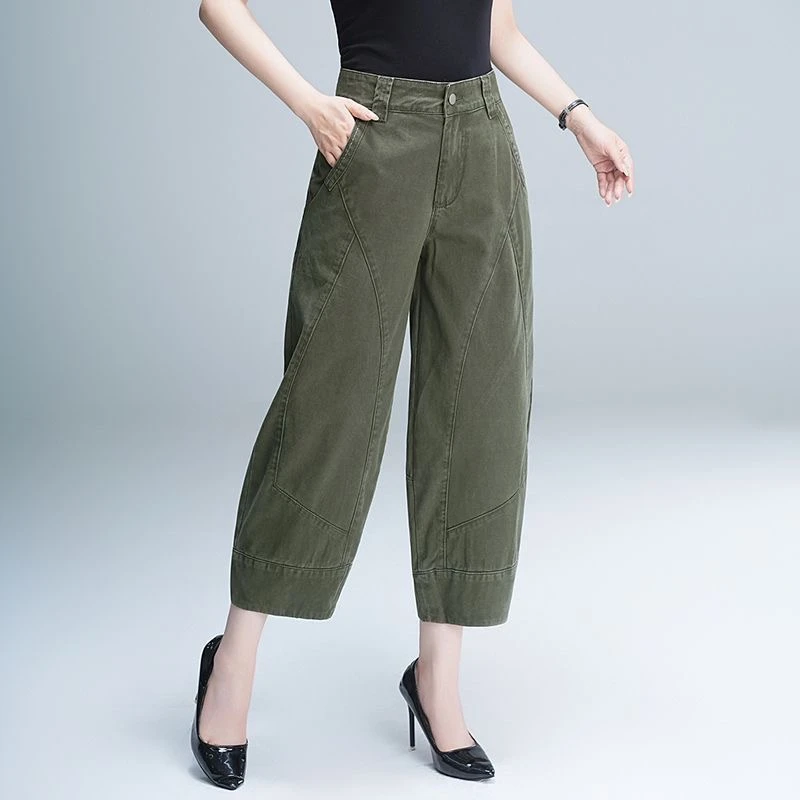 军绿色九分裤阔腿牛仔裤2025春秋新款宽松显瘦拼接高腰休闲裤大码