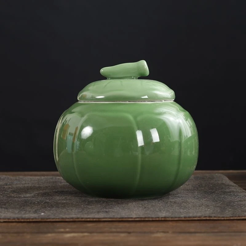 绿青瓷茶叶罐陶瓷带盖防潮密封罐家用储物罐水容量约620ml