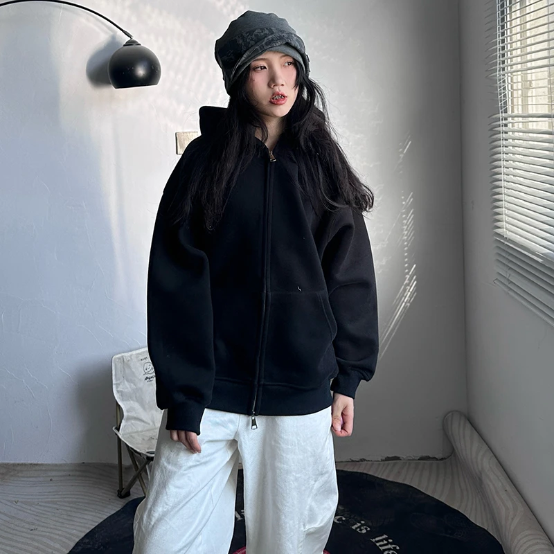 纯黑色双拉链开衫卫衣男秋季穿搭cleanfit廓形外套重磅硬挺连帽衫