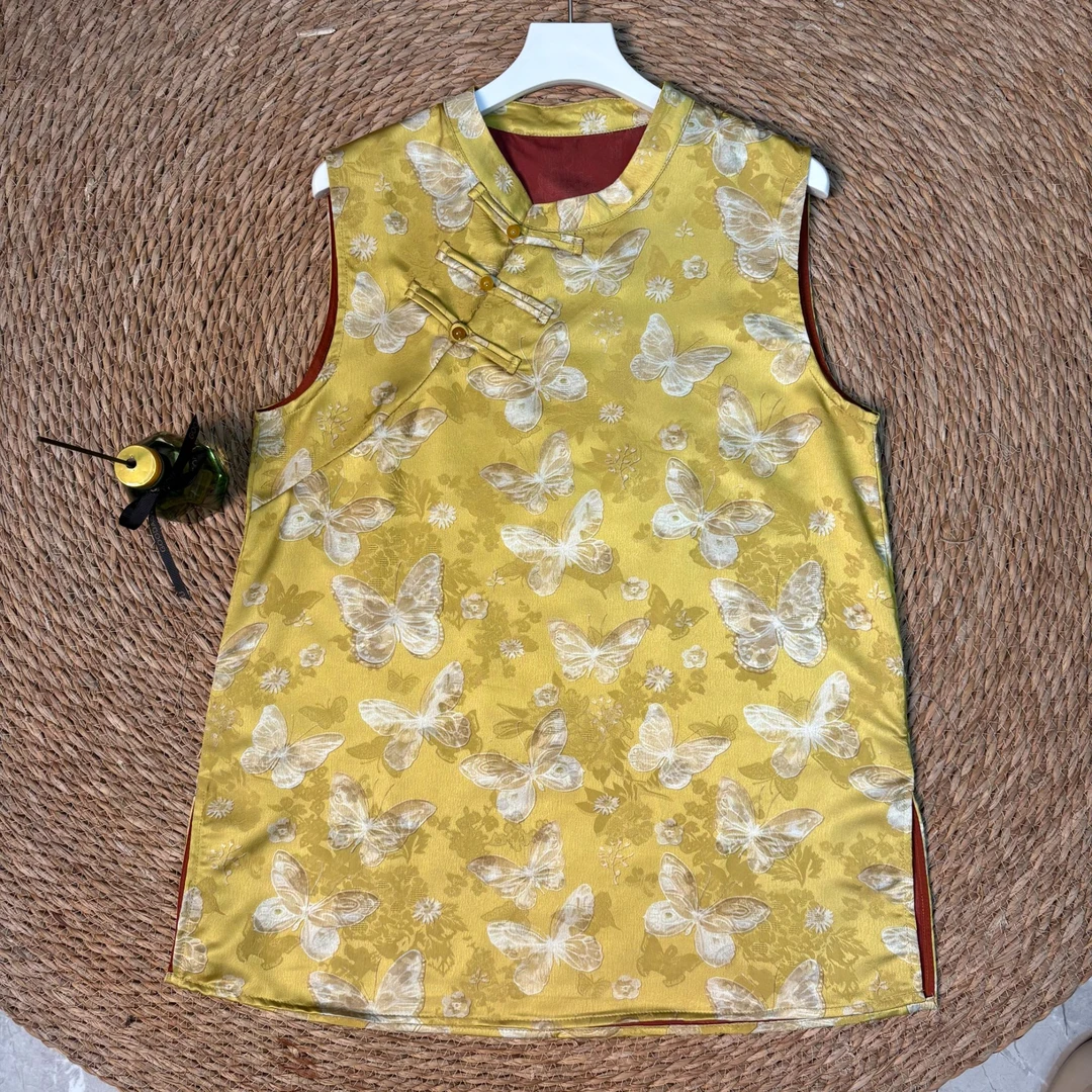 【蝶恋花】提花立领中长款无袖印染薄款上衣大花中式碎花夏季