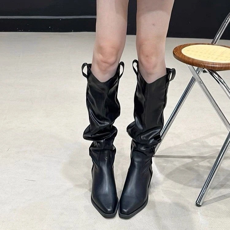 复古棕色口堆堆中筒长靴女鞋2025秋冬新爆款尖头西部牛仔长筒靴子