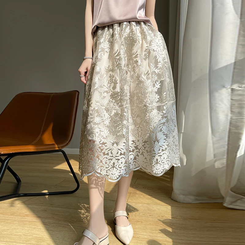 刺绣蕾丝伞裙~法式高级感重工25春夏季a字群网纱中长女半身裙F91
