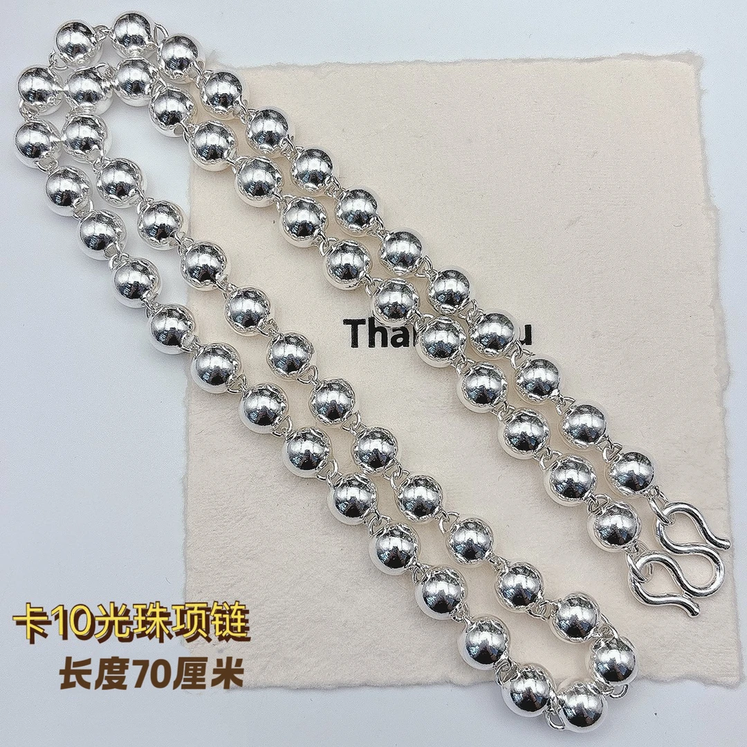 链子足银 足银990光面圆珠链佛珠链经典大气光珠项链送男友礼物