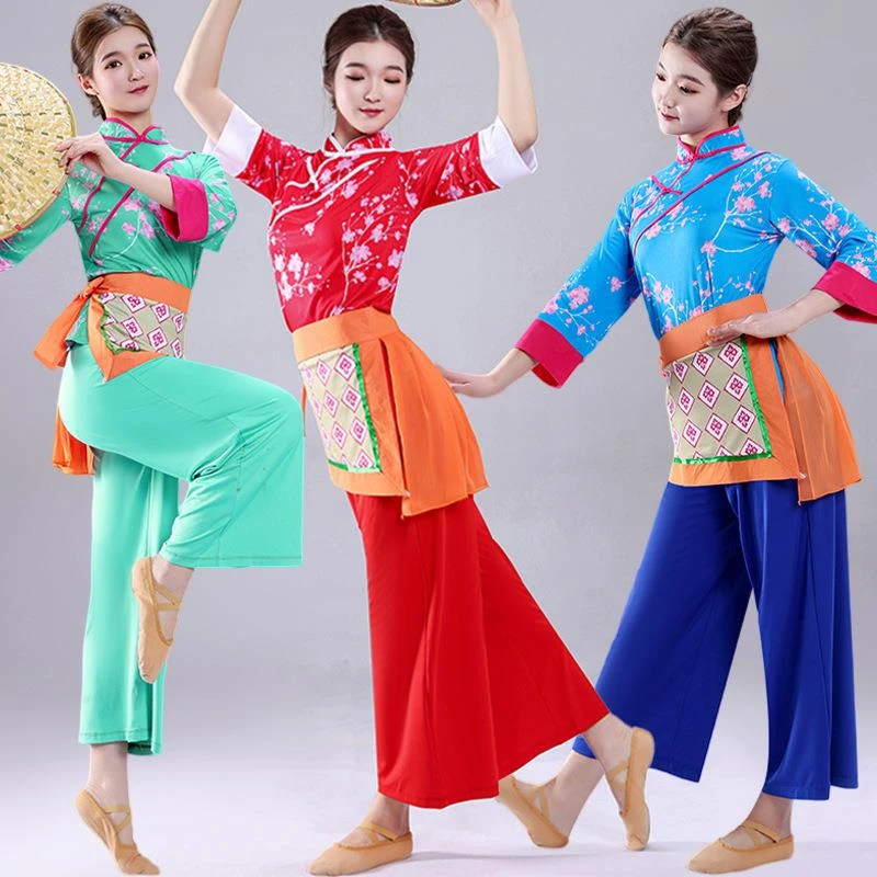 夏秋秧歌服演出服女2025新款花布采茶舞蹈服装喜庆村姑斗笠广场舞