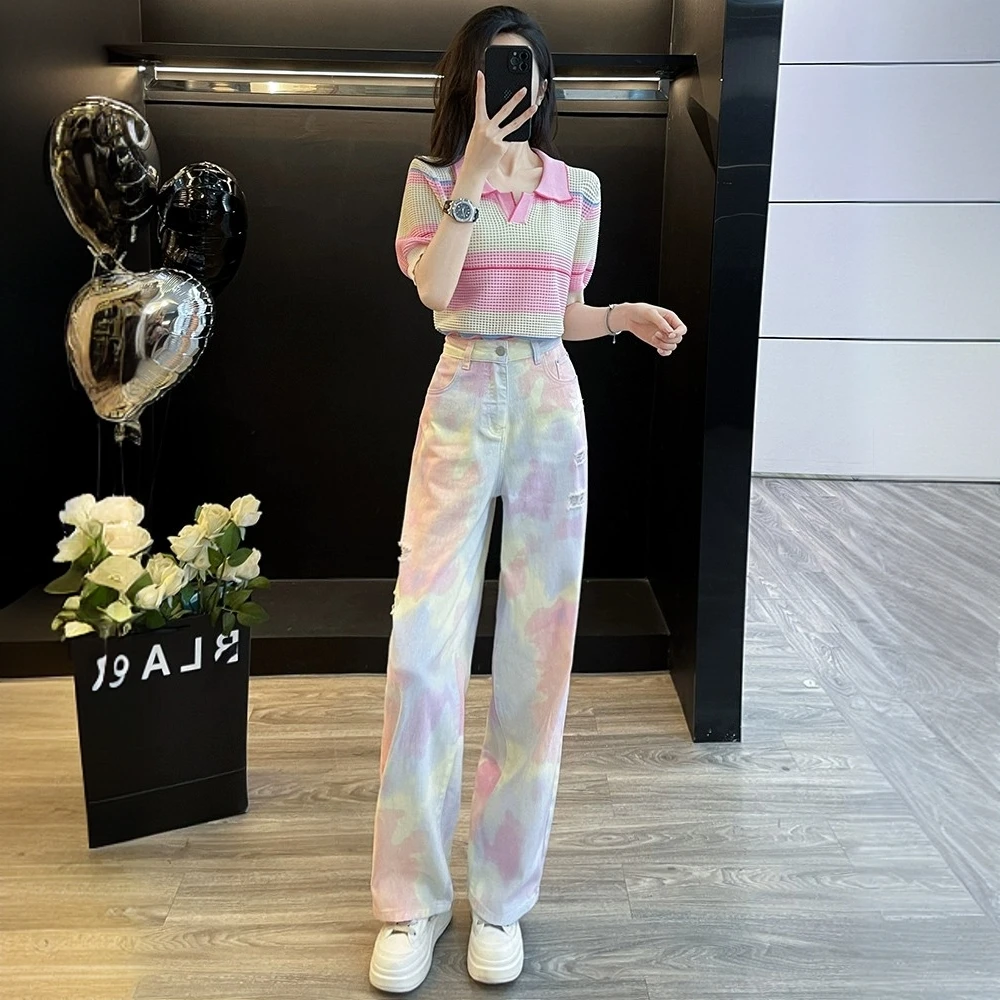 氛围感穿搭休闲时尚套装女夏季透气针织短袖上衣阔腿牛仔裤两件套