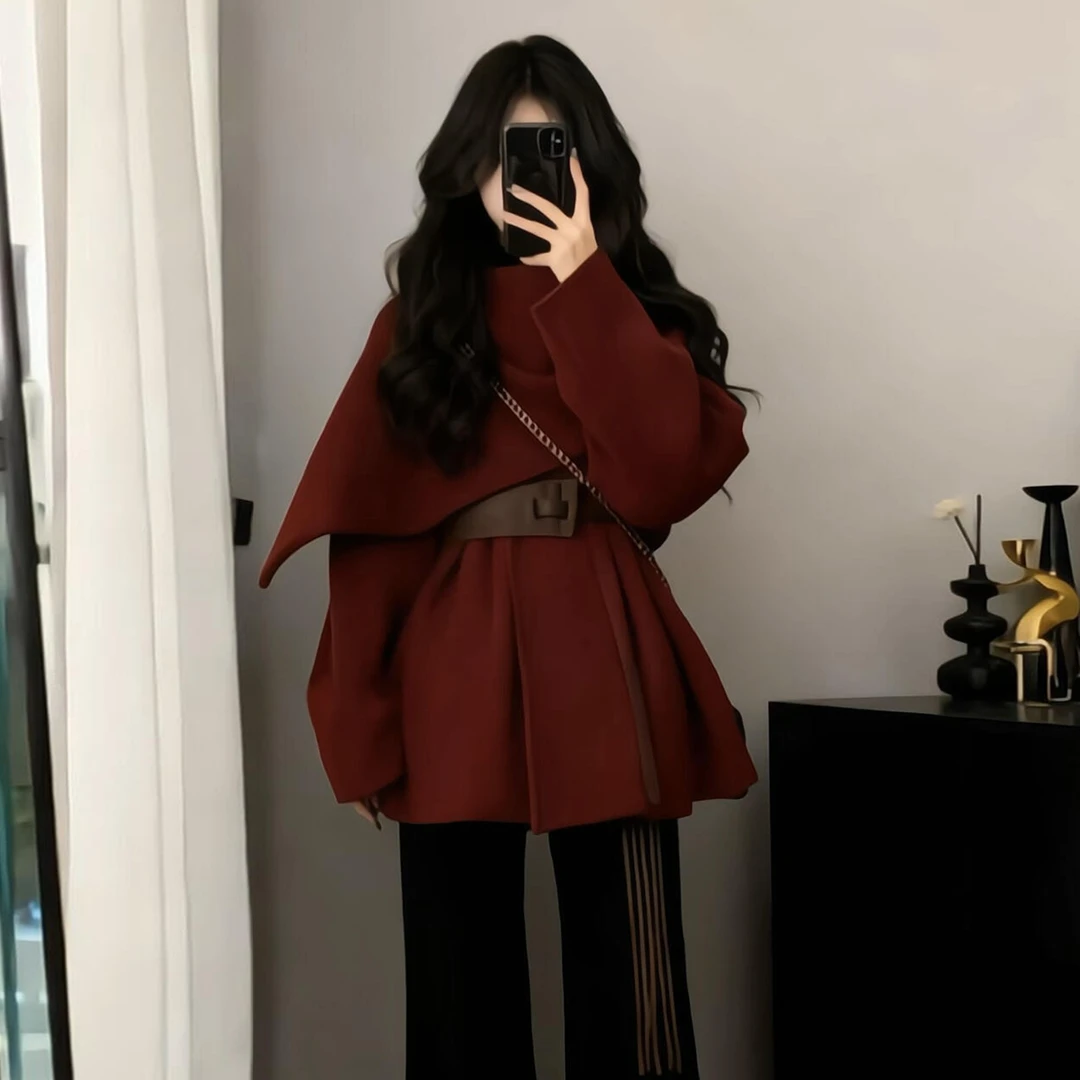 圣诞穿搭红色斗篷毛衣连衣裙子女装冬季2025新款气质网红长裙套装