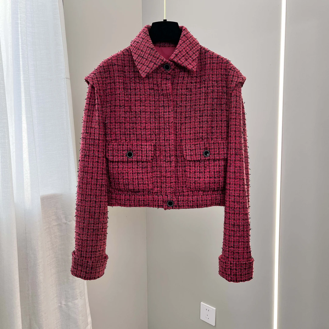 南油早春小香风编织格纹粗花呢飞袖开衫长袖气质翻领外套上衣