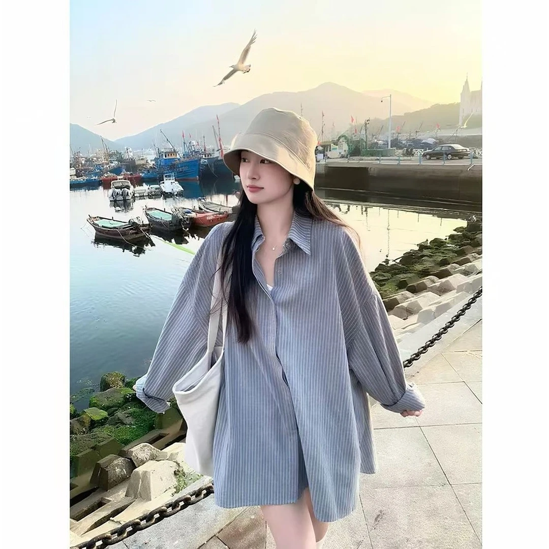 韩版复古条纹长袖衬衫2025秋季新款小众设计感宽松显瘦百搭衬衣