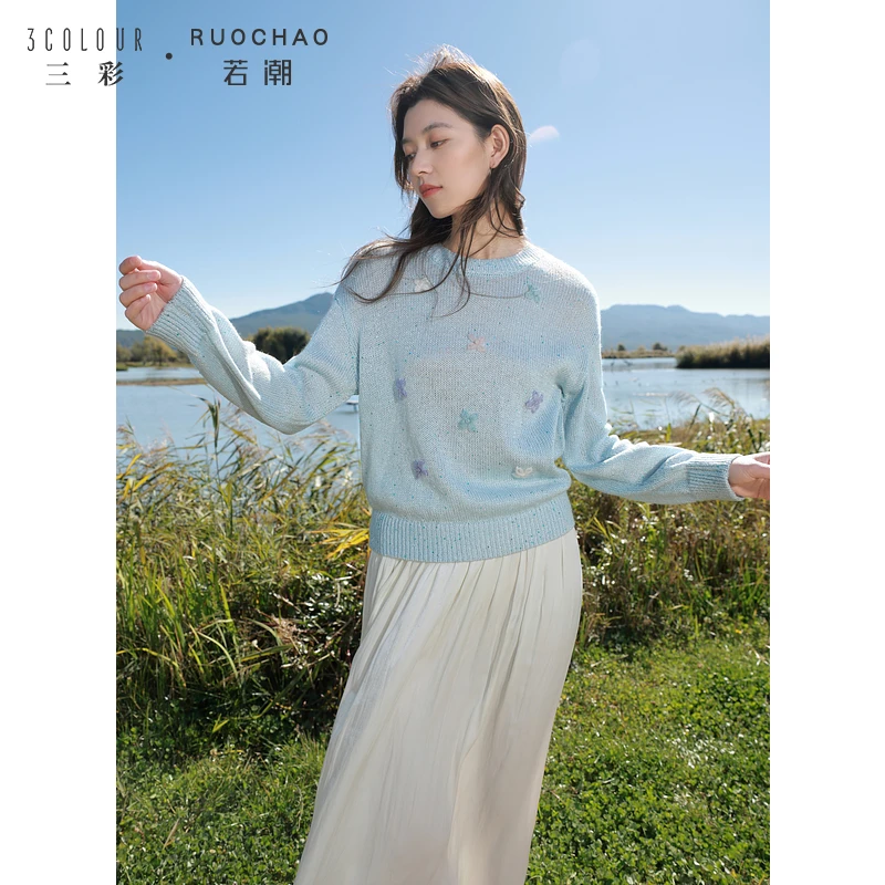 大码女装2025春季新款浪漫圆领针织衫毛衣甜美花朵套头胖MM