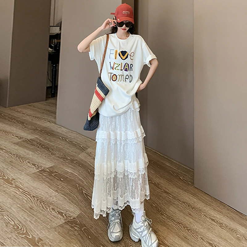 慵懒风休闲运动时尚套装女夏新款圆领字母印花上衣蕾丝长裙两件套