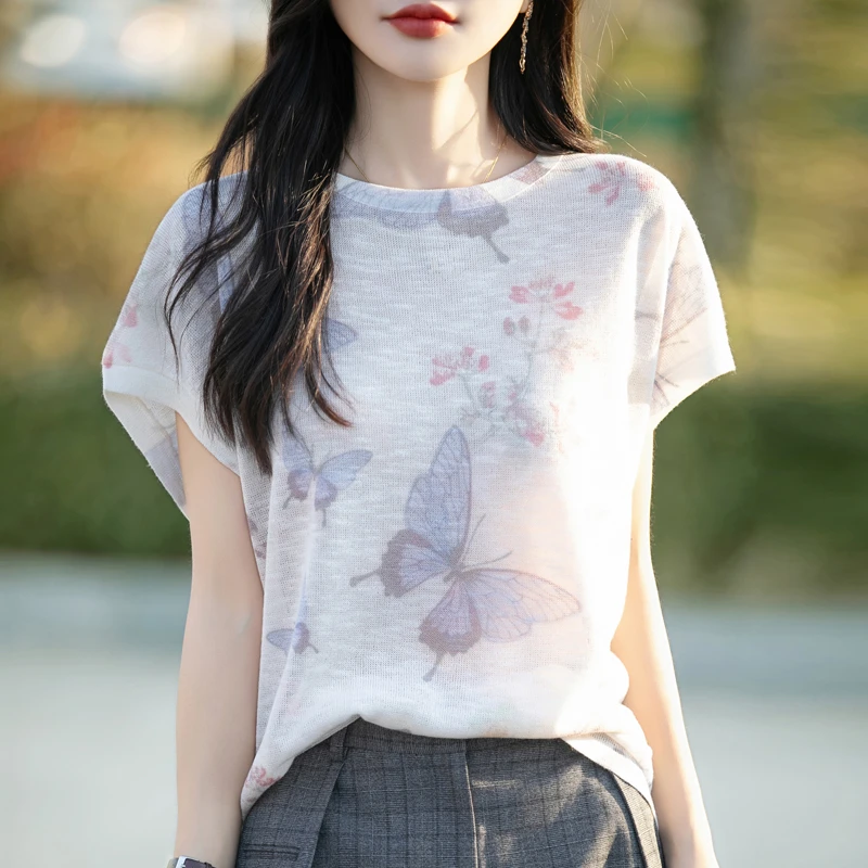 鄂尔多斯市薄针织衫女时尚宽松大码扎染冰丝T恤圆领桑蚕丝短袖夏