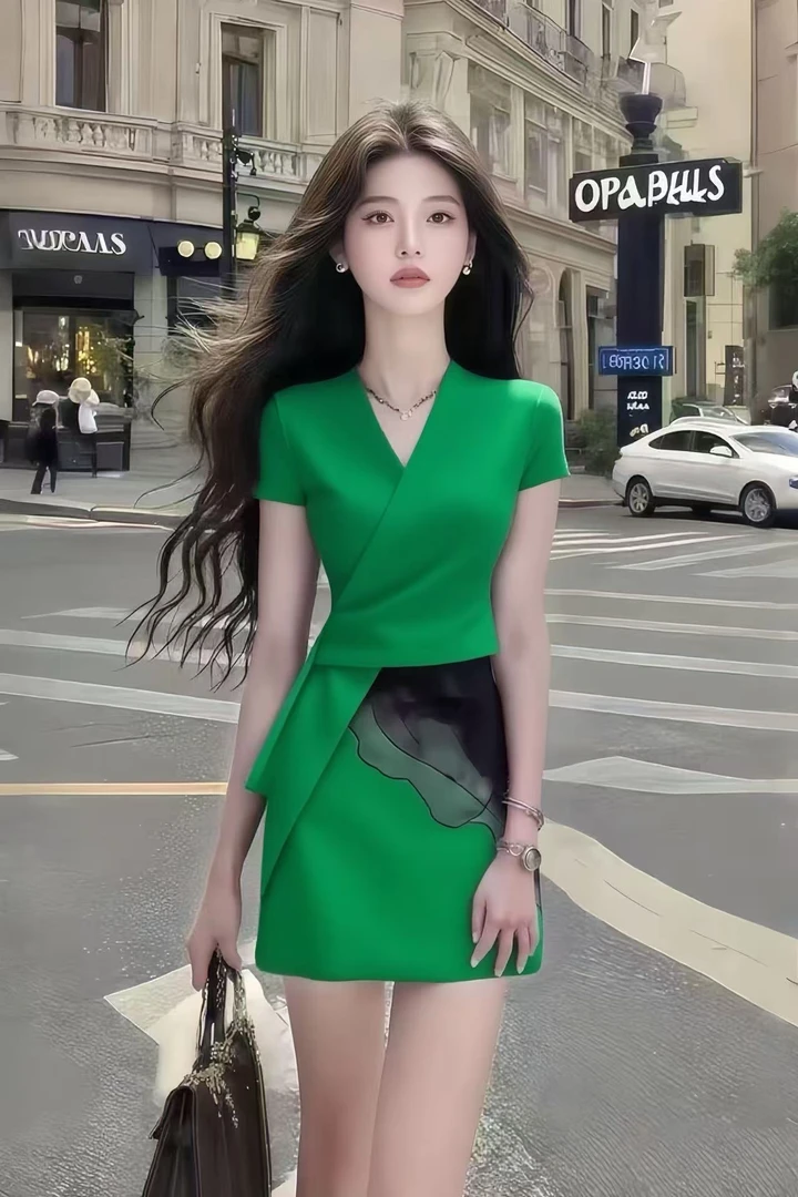 轻奢修身短款绿色时尚套装气质高腰修身显瘦两件套高级小众风v领