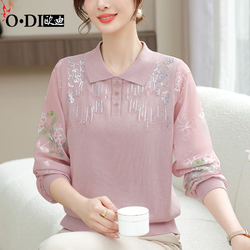 中年妇女时尚新款洋气针织亮片上衣服2025年气质宽松中老年妈妈装