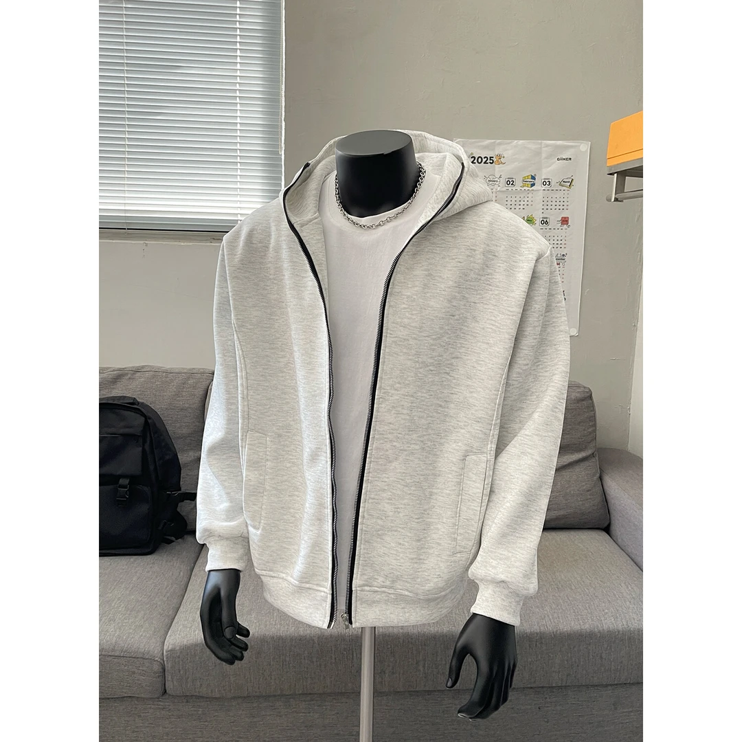 美式高街cleanfit浅灰色连帽卫衣男款春秋高级感休闲宽松开衫外套