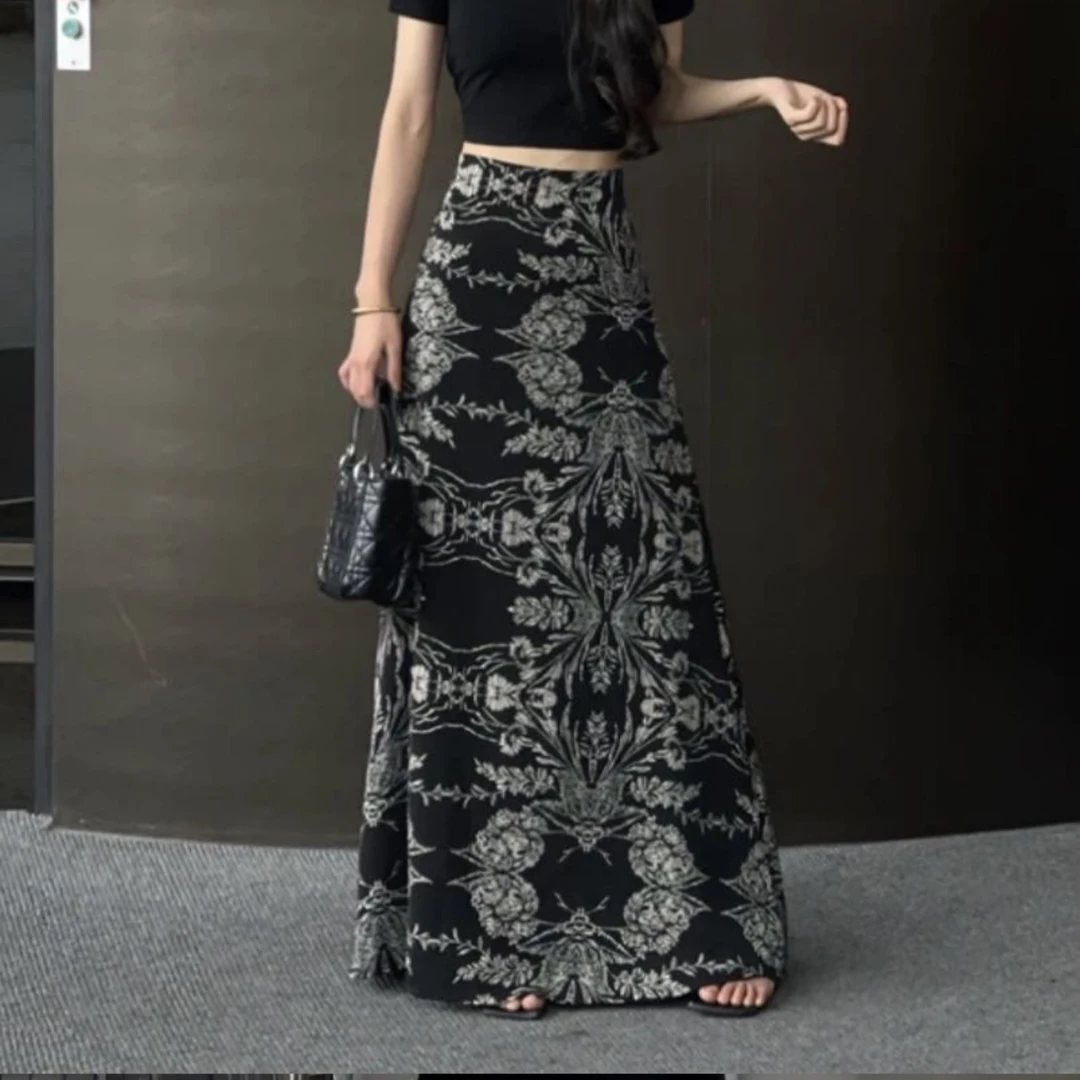 夏季新款百搭显瘦高腰收腰A版加长碎花半身裙