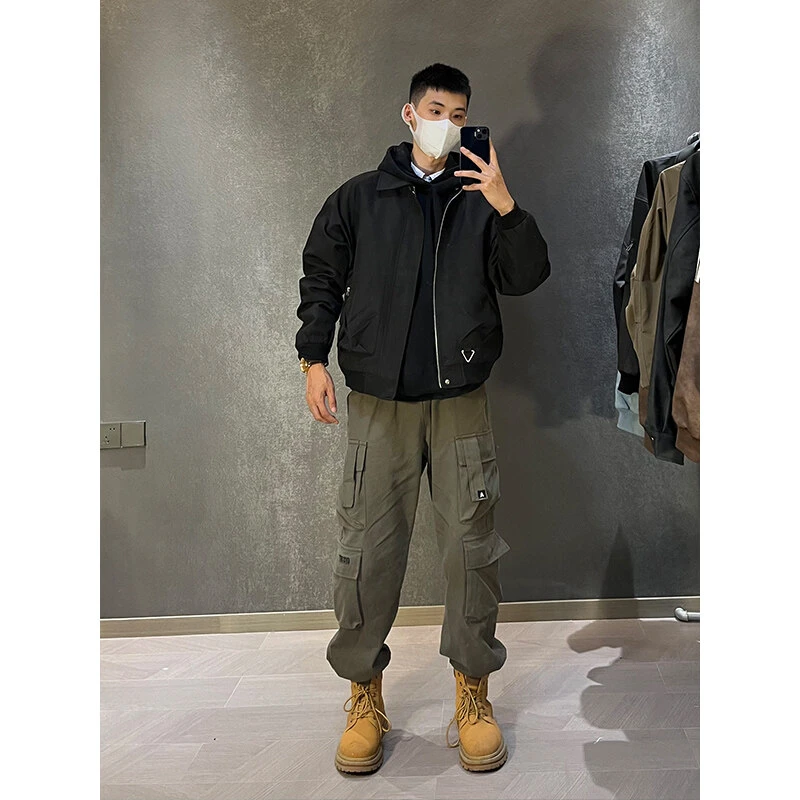 HJ5502春秋潮牌美式复古高级感痞帅翻领飞行夹克外套