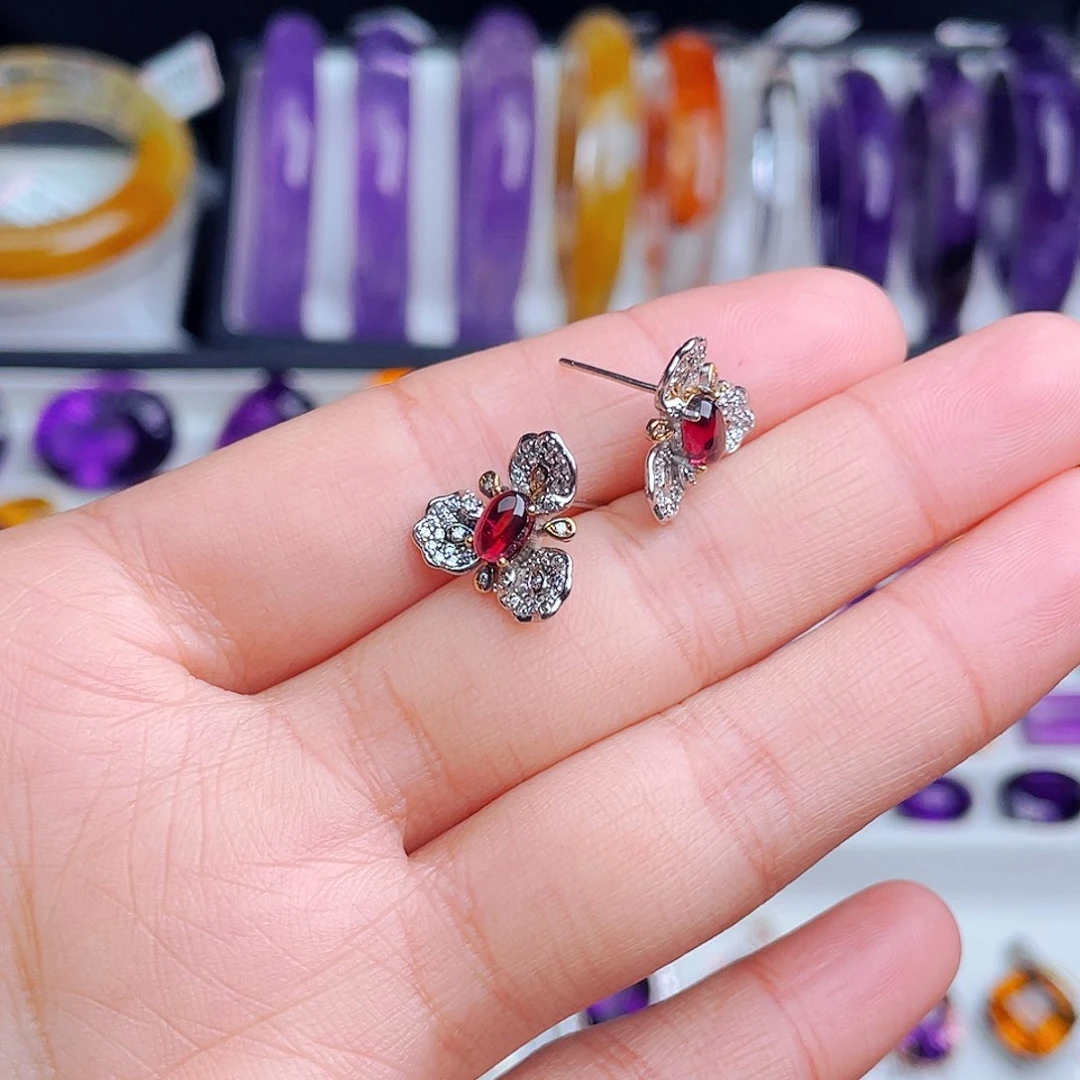 银S925镶嵌耳饰石榴石天然保真