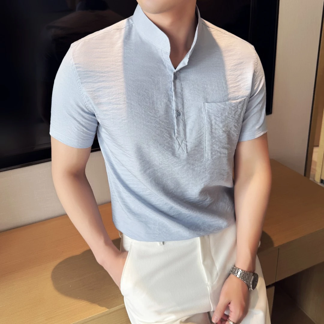 商务立领休闲简约时尚青年polo衫2025夏季短袖薄款纯色衬衫男透气