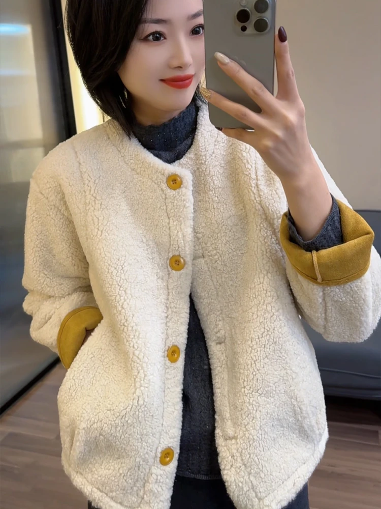 冬季新款圆领宽松保暖短款外套时尚百搭女士加厚环保皮毛一体大衣