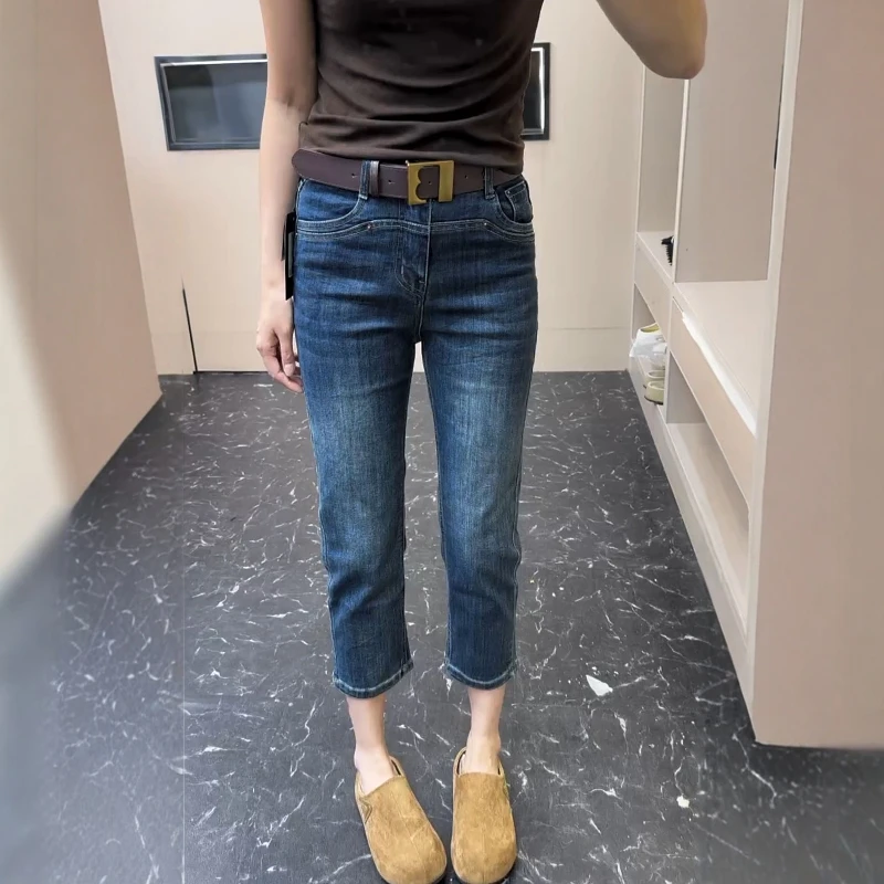 秋季新款极简风牛仔烟管裤大码女装高腰显瘦八九分经典款直筒裤子