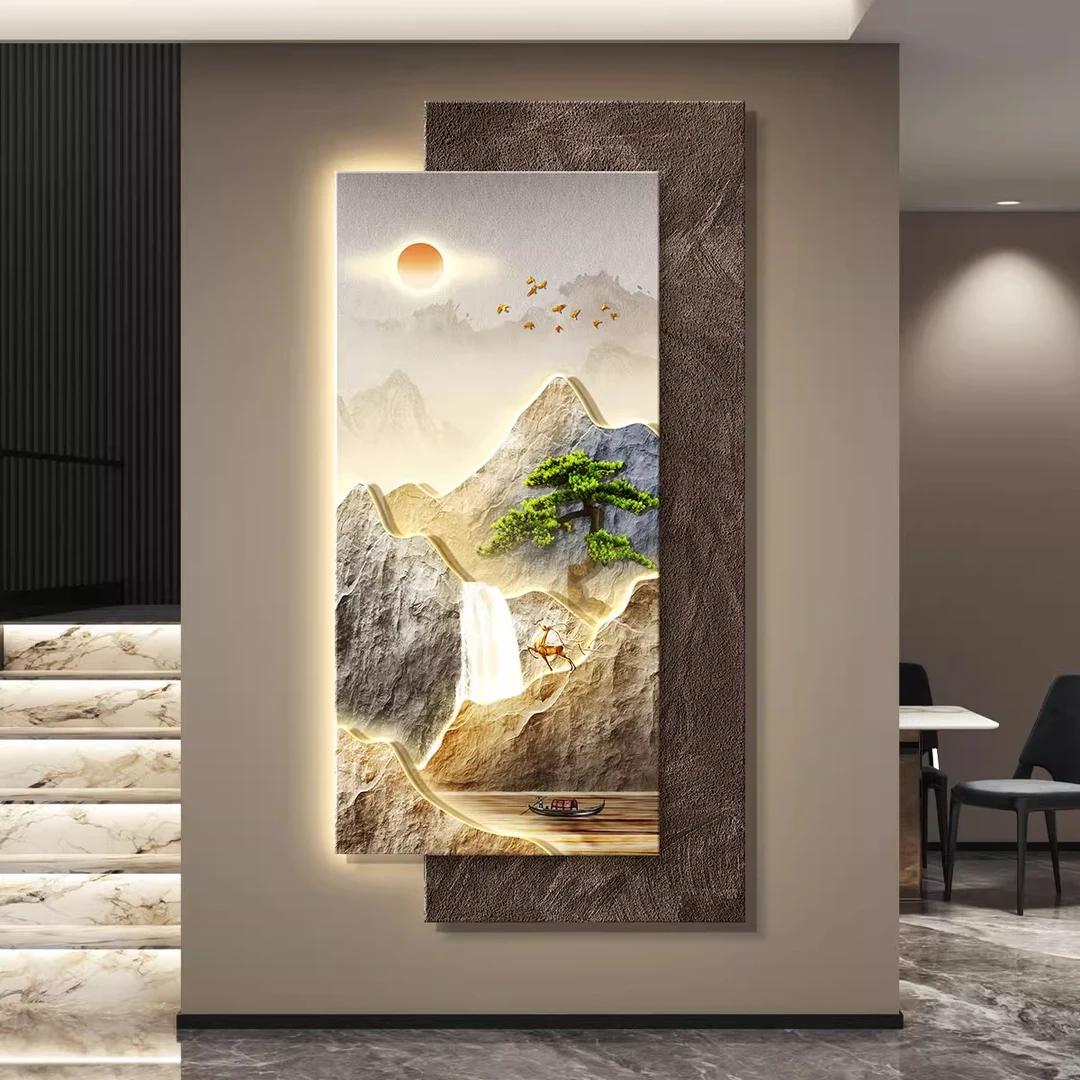 轻奢入户玄关装饰画高级感走廊过道挂画现代简约双层砂岩肌理壁画